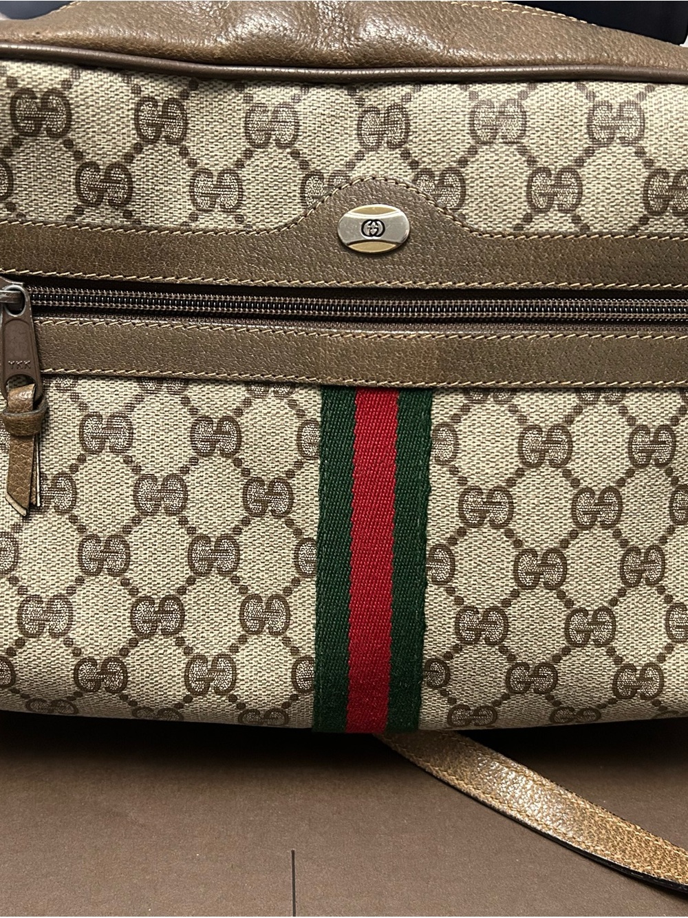 Gucci Beige Brown Monogram Canvas Backpack with Green-Red Web